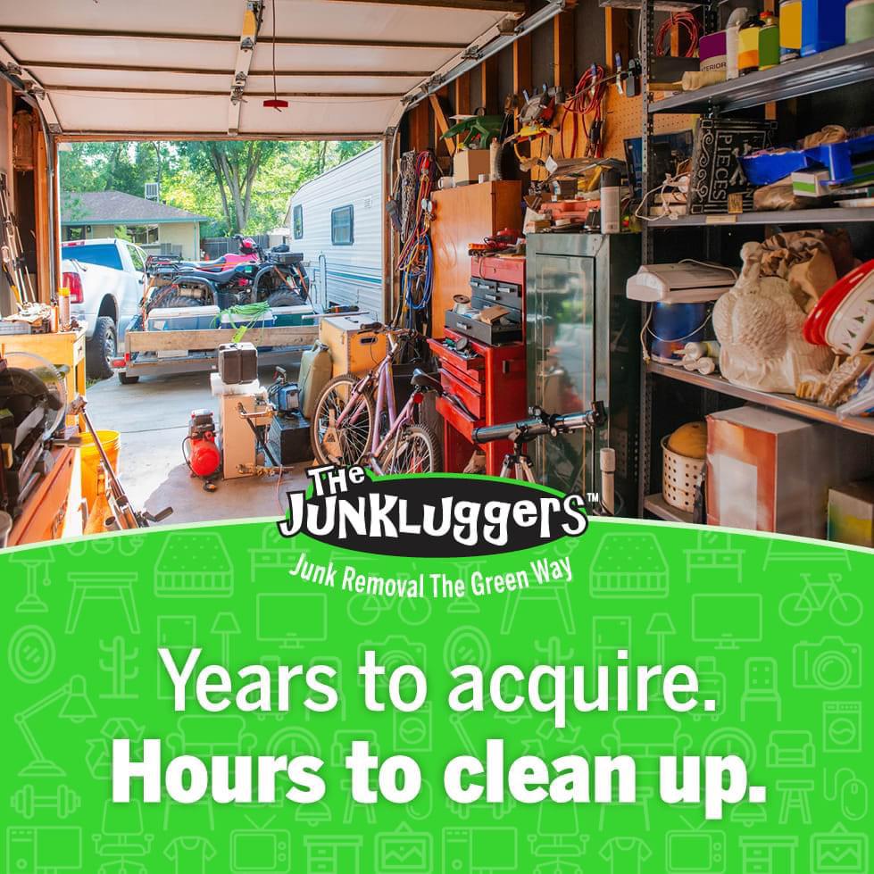 Cluttered garage cleanup by Junkluggers with quick removal slogan