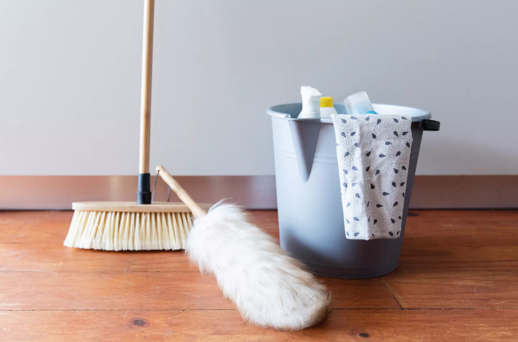 broom, duster, and mop bucket staged