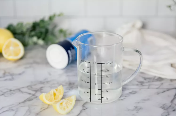 class of clear liquid with lemons surrounding it
