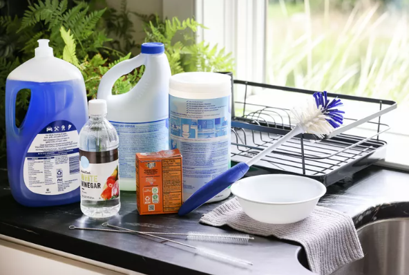 Cleaning products on kitchen counter