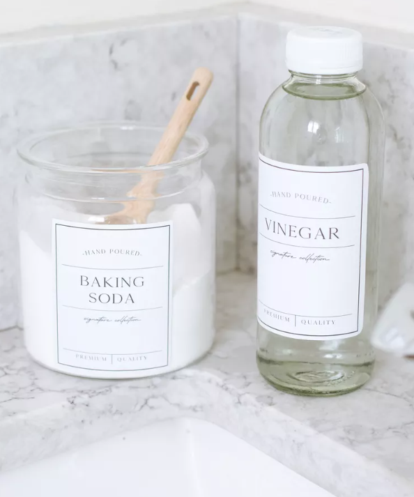 vinegar and baking soda in classy bottles