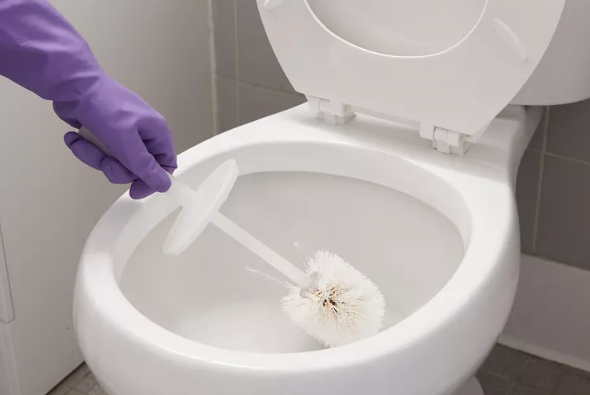 person with purple cleaning glove on scrubbing toilet