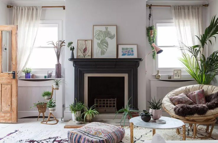 tidy and modern room with black fireplace