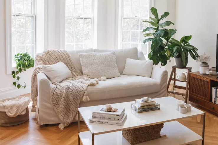 white and modern living room with wood floors